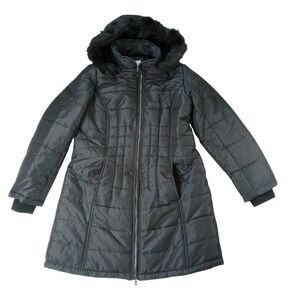 NWT Vintage Womens Black Quilted Long Coat Removable Hood Faux Fur Trim Medium